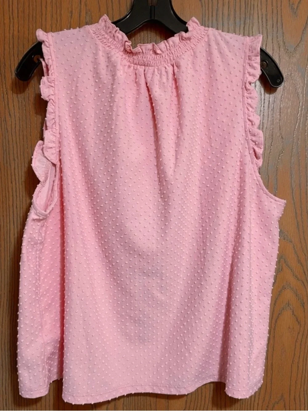 EUC J. Crew Pink Sleeveless Blouse with Ruffles and Swiss Dots